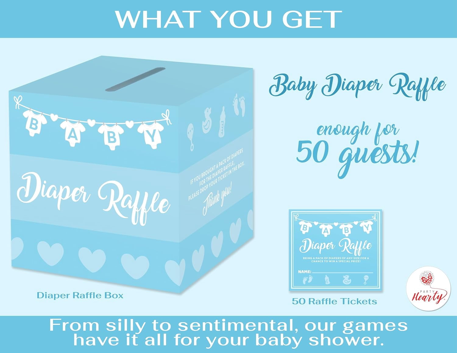 Baby Shower Games for Boy, 50 Blue Diaper Raffle Tickets, Diaper Raffle Ticket Cards Box, Baby Shower Decorations, Raffle Prizes, Ideas