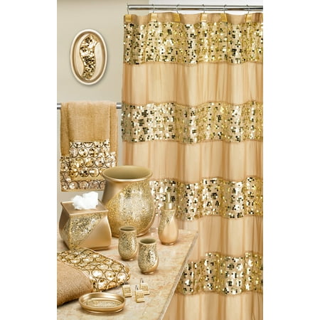 Designer Home 13 Piece Full Bath Accessories - Includes Curtain Towel Sets Rug Set (Gold)