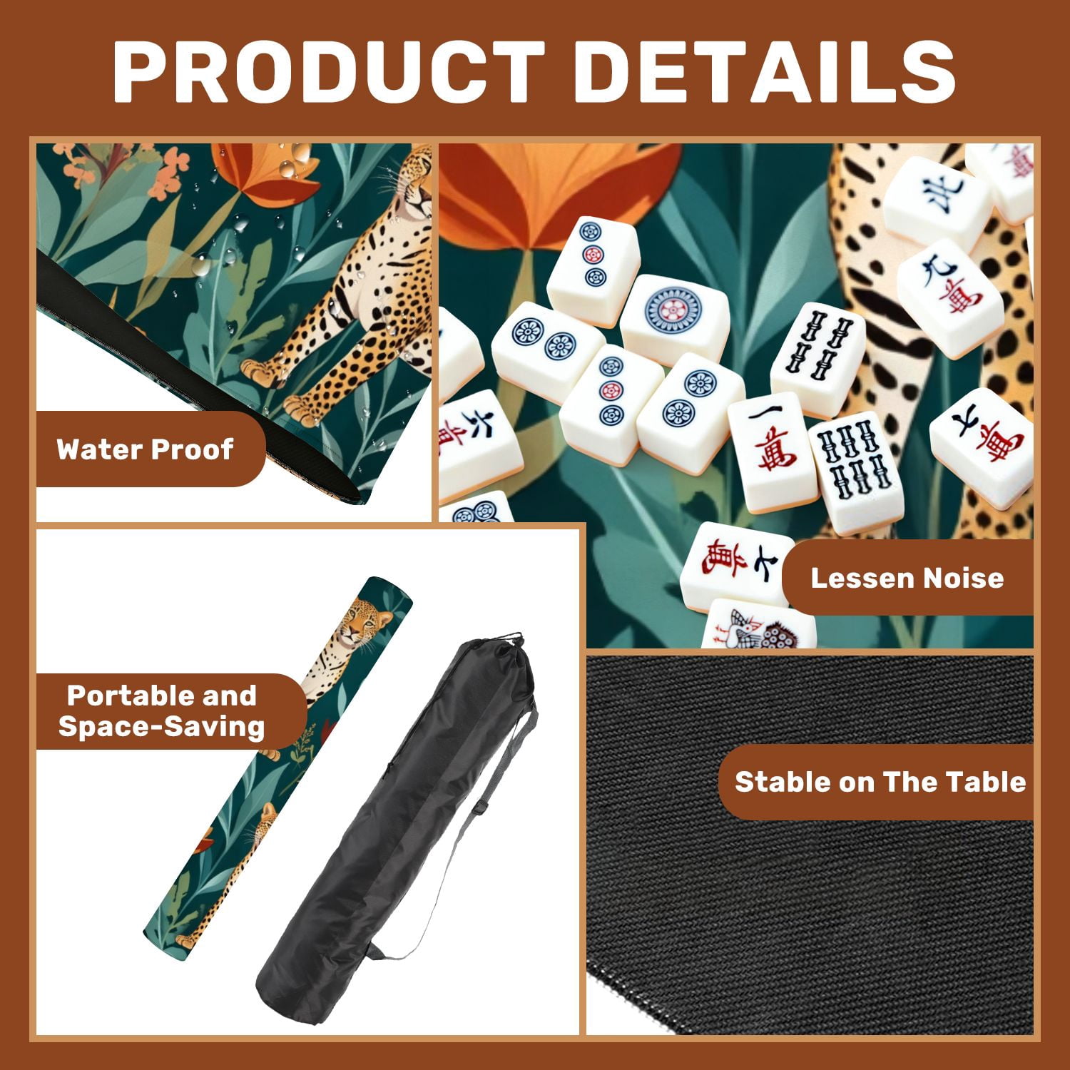 Mahjong Mat 31.5" x 31.5" Cheetah Tropical Leaves Vibrant Flowers Non-Slip Noise Reduction American Mahjong Tiles Table Cover for Dominoes Poker Card Board Games Gift