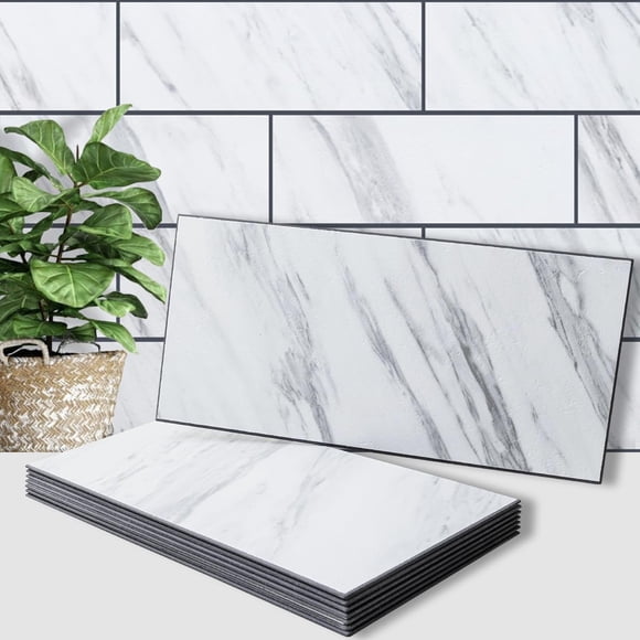 AULIGET 6" x 12" White Marble Peel and Stick Backsplash Wall Tiles, PVC Faux Stone Stick on Tiles for Backsplash Kitchen, Bathroo