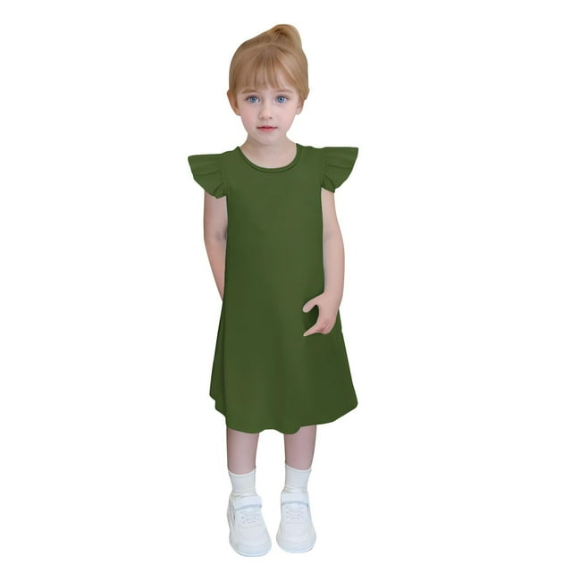 zbxnLI 4-14 Ans Robes Filles Manches Volantées Ligne A Robe d'Été Décontractée Couleur Unie Mignonne Mini Robes