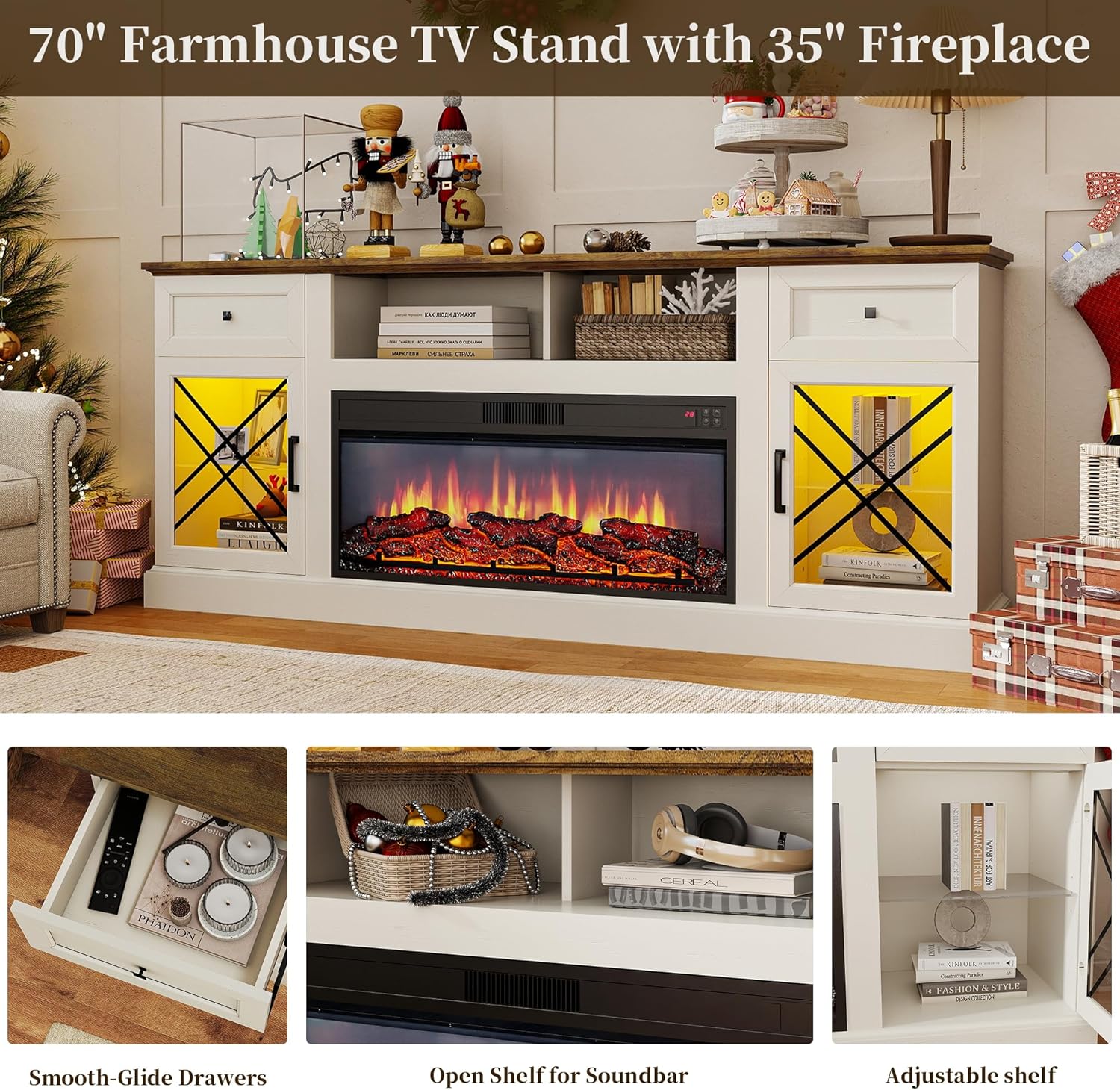Fiakoa 70" Fireplace TV Stand for 80" TVs with 34" Fireplace photo 5
