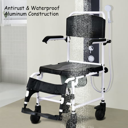 Gymax Bathroom Shower Toilet Commode Wheelchair w/ Drop Arms Patient Wheel (Best Wheelchairs For Parkinson Patients)