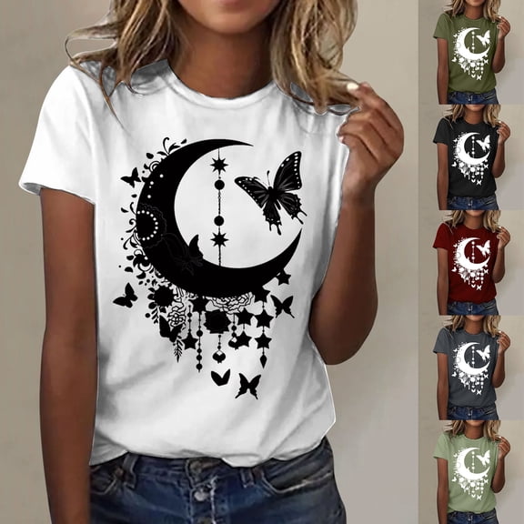 QHWAUAKFBN T Shirts For Women Trendy Fashionable Moon Printed Round Neck Short Sleeved Sports Tshirts Top