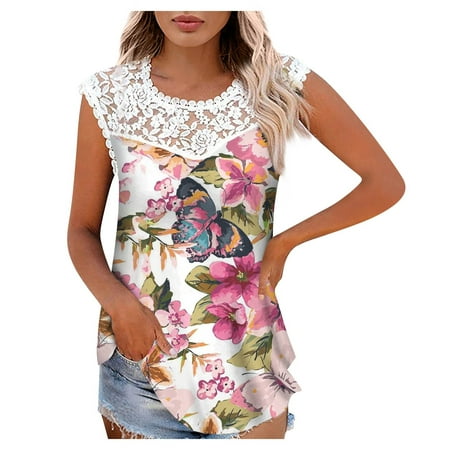 

kakina CMSX Plus Size top Clearance Womens Print Lace Sleeveless Tops Splicing Tank Tops Slim Comfortable Lightweight T-Shirt