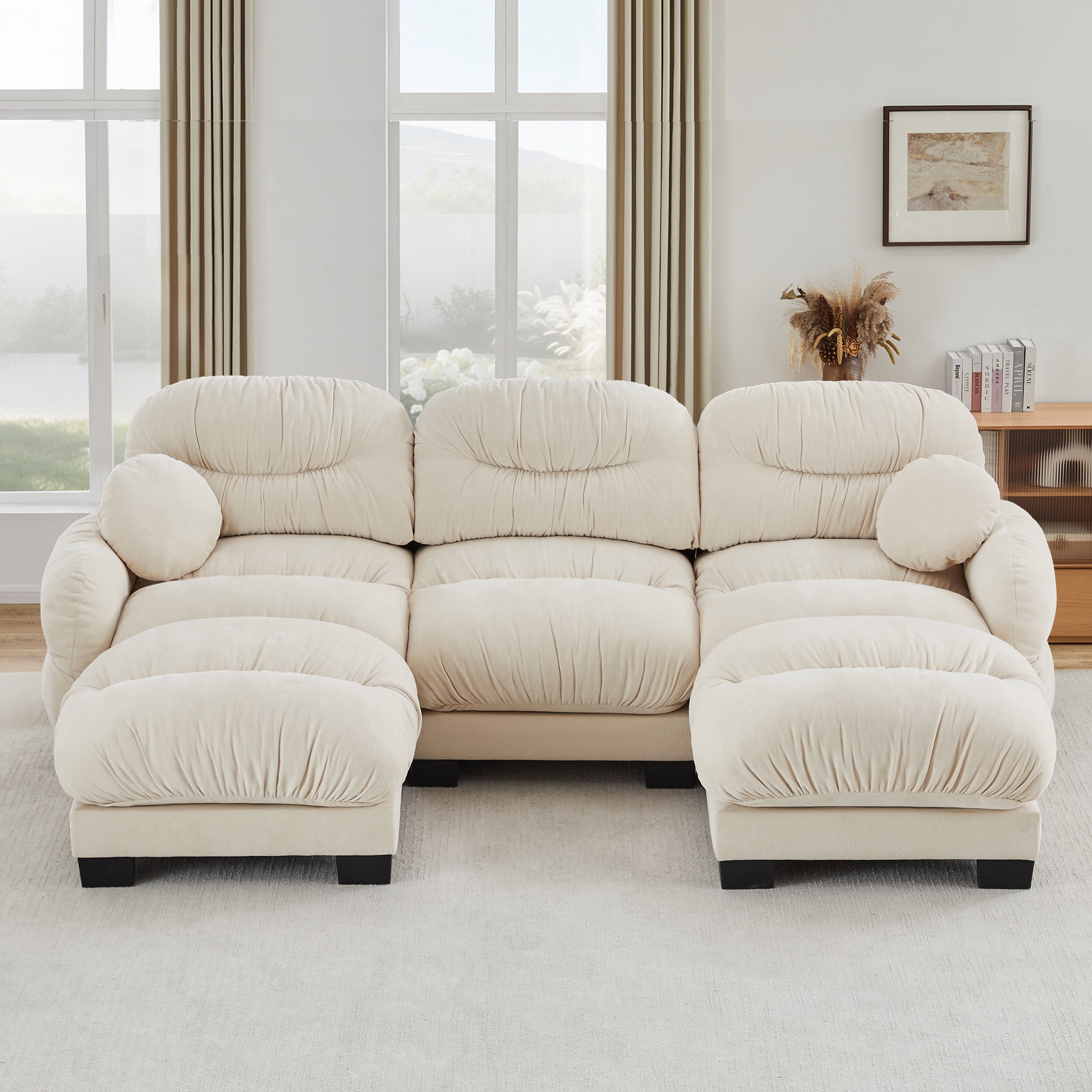116" 3 Seater Sectional Couch Cozy Chenille U Shape Modular Sofa with 2 Ottoman and 2 Throw Pillows