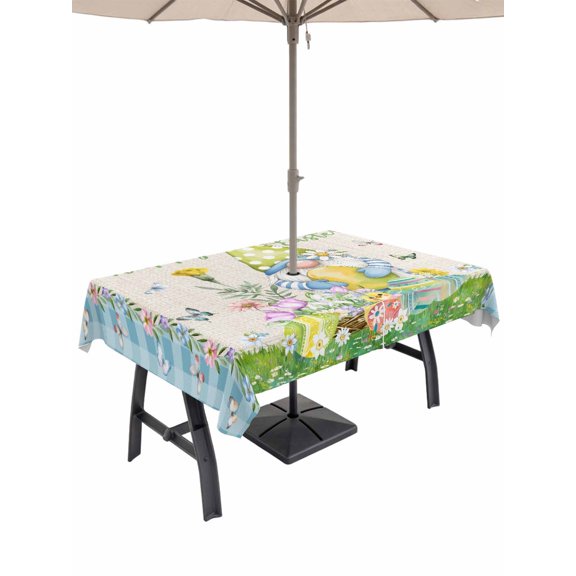 Outdoor Tablecloth with Umbrella Hole and Zipper, Easter Rectangle Table Cloth 54x80 Inch Waterproof Tablecloth, Gnomes Colorful Eggs Butterfly Flowers Blue Check Picnic Table Cover for Patio Camping