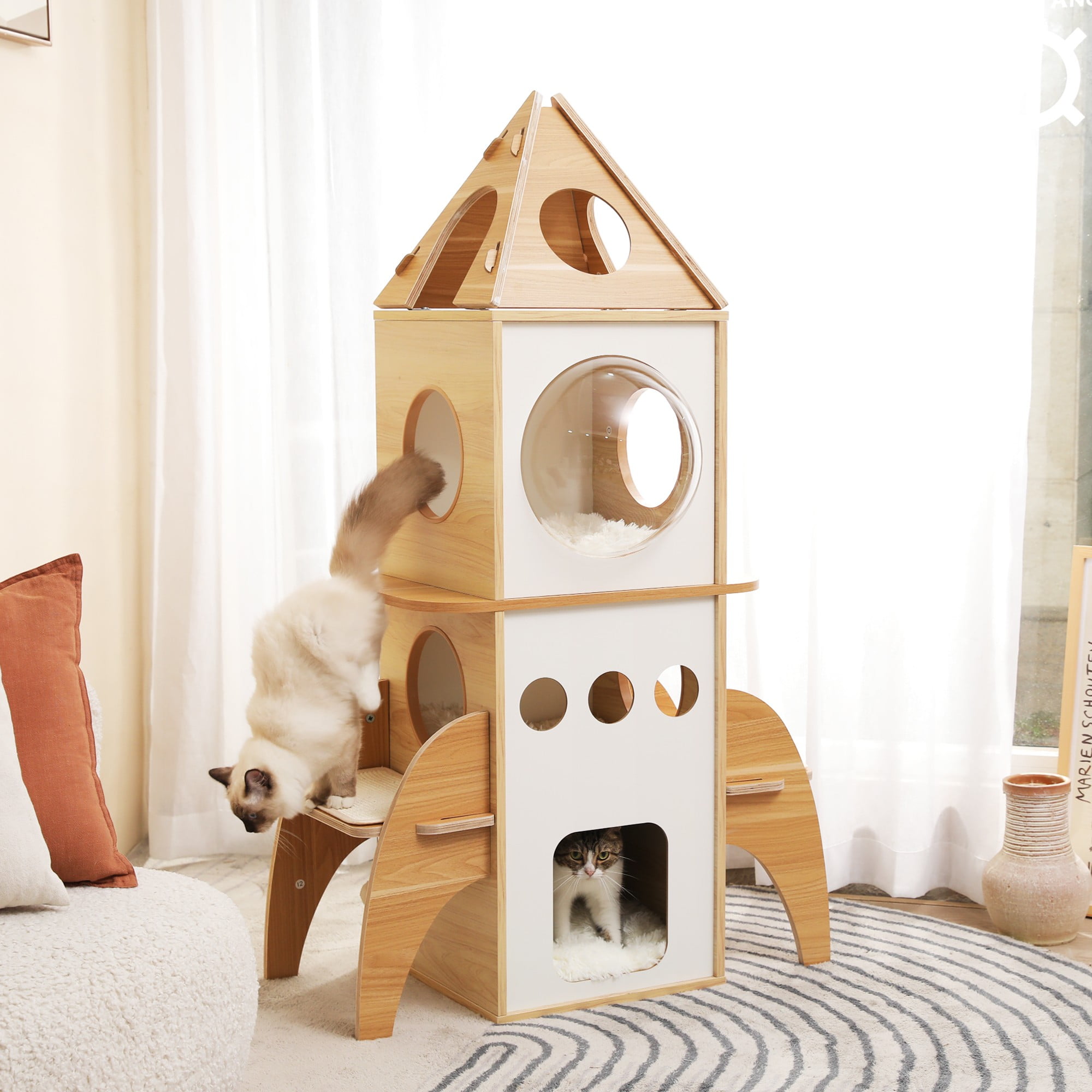 resenkos 54" Modern Cat Tree Tower Rocket Shape, Multilevel Cat Condo for Large Cats, Cat Tower for Big and Fat Spacious, Beige