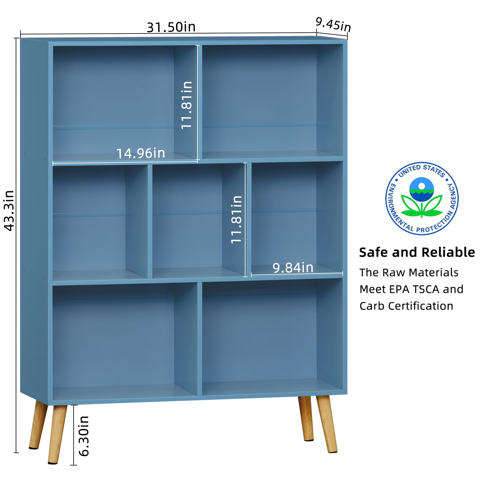 LEYAOYAO 3-Tier Bookshelf with 7 Open Cubes, Modern Wooden Storage Rack, Multi-Use Shelf for Living Room, Office, Study, Blue