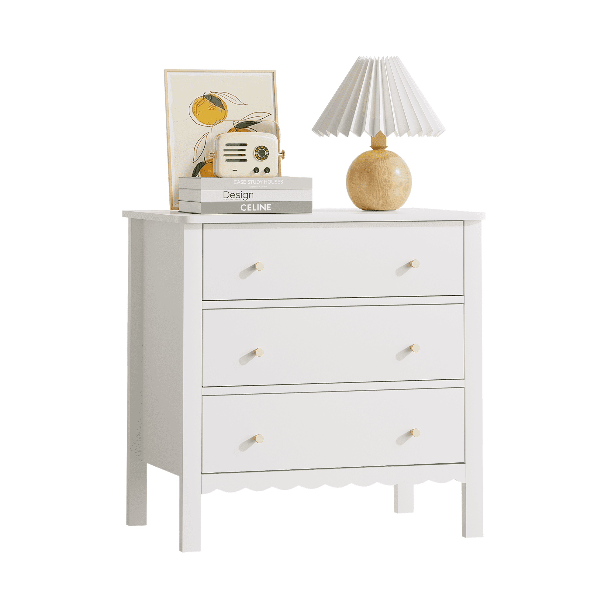 Elegant White 3-Drawer Dresser for Bedroom with Gold Knobs, Modern MDF Chest of Drawers for Kids Nursery Living Room or Entryway