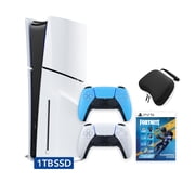 PlayStation 5 Slim Disc 1TB SSD Fortnite Flowering Chaos Bundle with Two Controllers, White and Starlight Blue DualSense and Mytrix Hard Shell Protective Controller Case - PS5 Slim Disc Edition