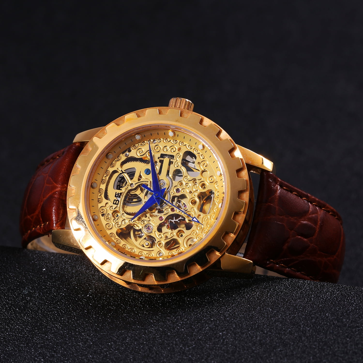BERNY Automatic Watches for Men, Luxury Skeleton Mechanical Watch Self Winding Carved, Exhibition Caseback, Luminous, 5ATM Waterproof, Stainless Steel, Vintage Men's Leather Watch (Gold)