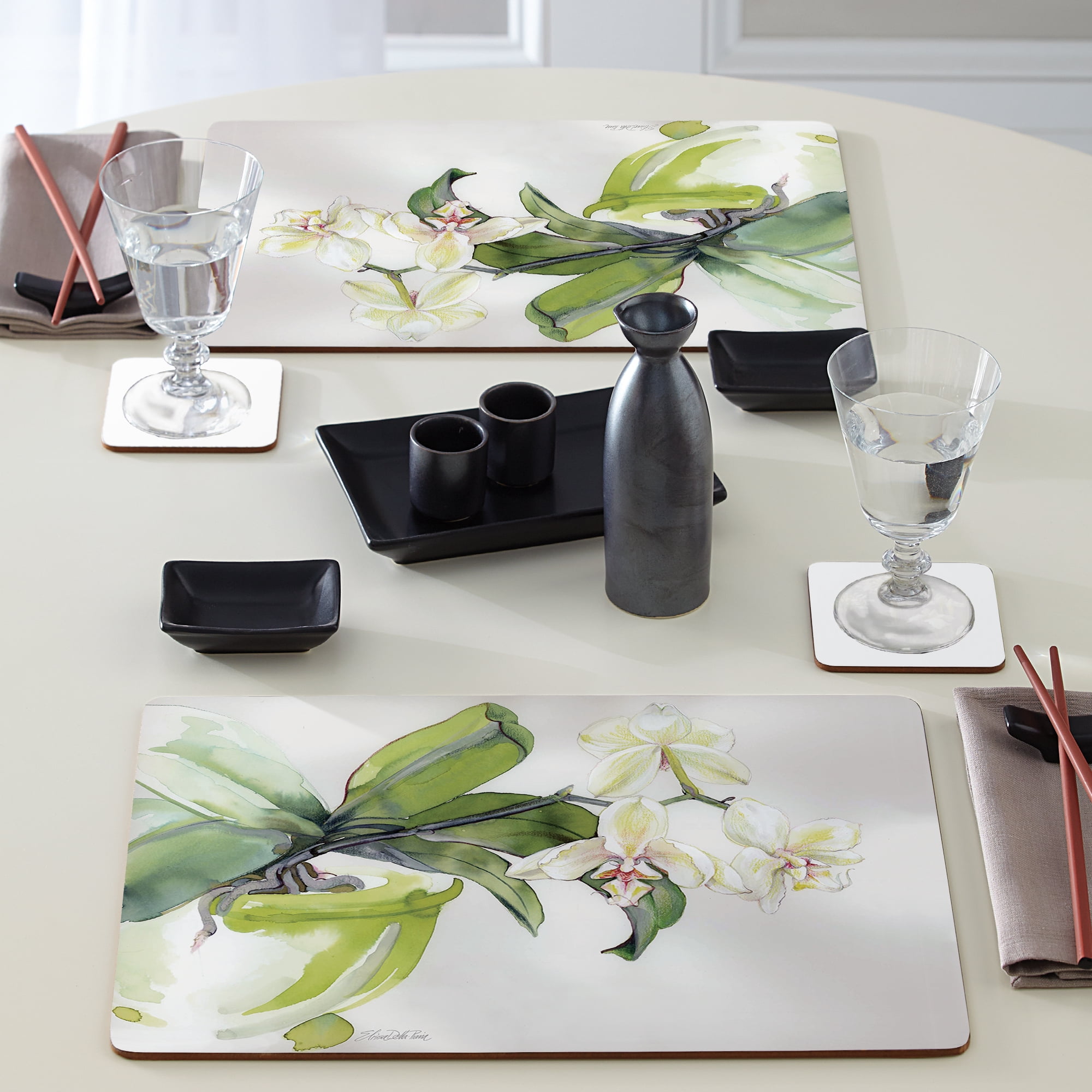 Cala Home "White Orchid" Premium Decorative Hardboard Cork Back Tabletop Placemats 4 Pack
