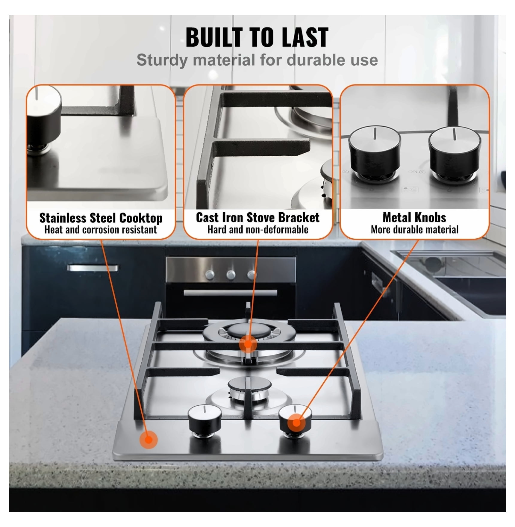 Gas Cooktop 12 Inch, 2 Burner Stainless Steel Gas Stove Top, 12250BTU LPG/NG Convertible Built-in Gas Hob with Thermocouple