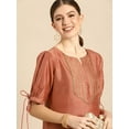 thumbnail image 5 of Janasya Indian Round Neck Half Sleeve Embellished Peach Poly Silk Kurta With Pant For Women, 5 of 7