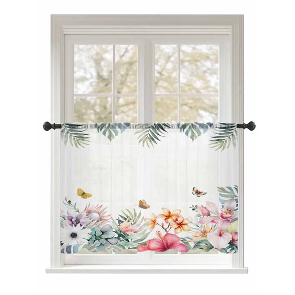 Sheer Curtains 54 Inch Length, Summer Tropical Semi Sheer Curtains Light Filtering Window Treatment, Watercolor Palm Leaves Butterfly Flower Privacy Voile Drapes for Living Room Bedroom 52x54 Inch