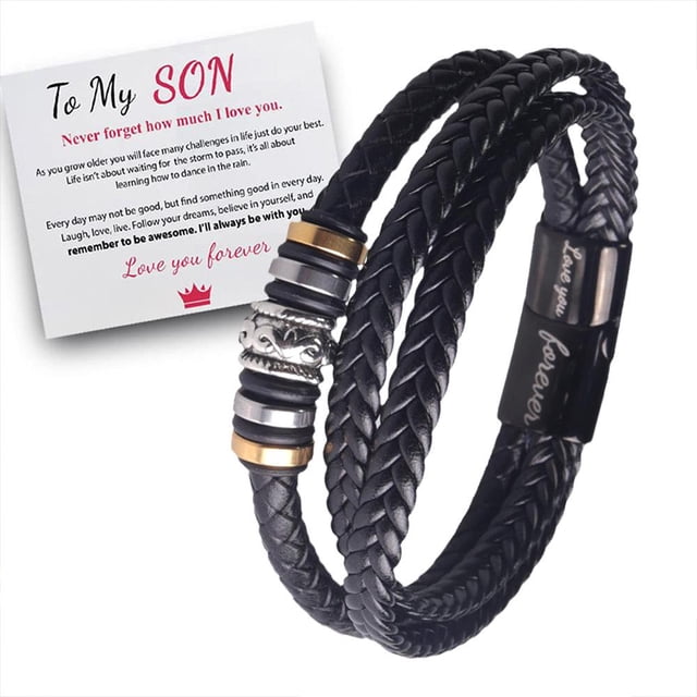 EZLIFE Pulsera de cuero trenzada con tarjeta A mi hijo te amo por siempre para hombre A0Y4