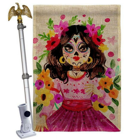 Angeleno Heritage HS130410-DB-02 La Catrina Falltime Day of Diad 28 x 40 in. Double-Sided Decorative Vertical House Flag Set for Decoration Banner Garden Yard Gift