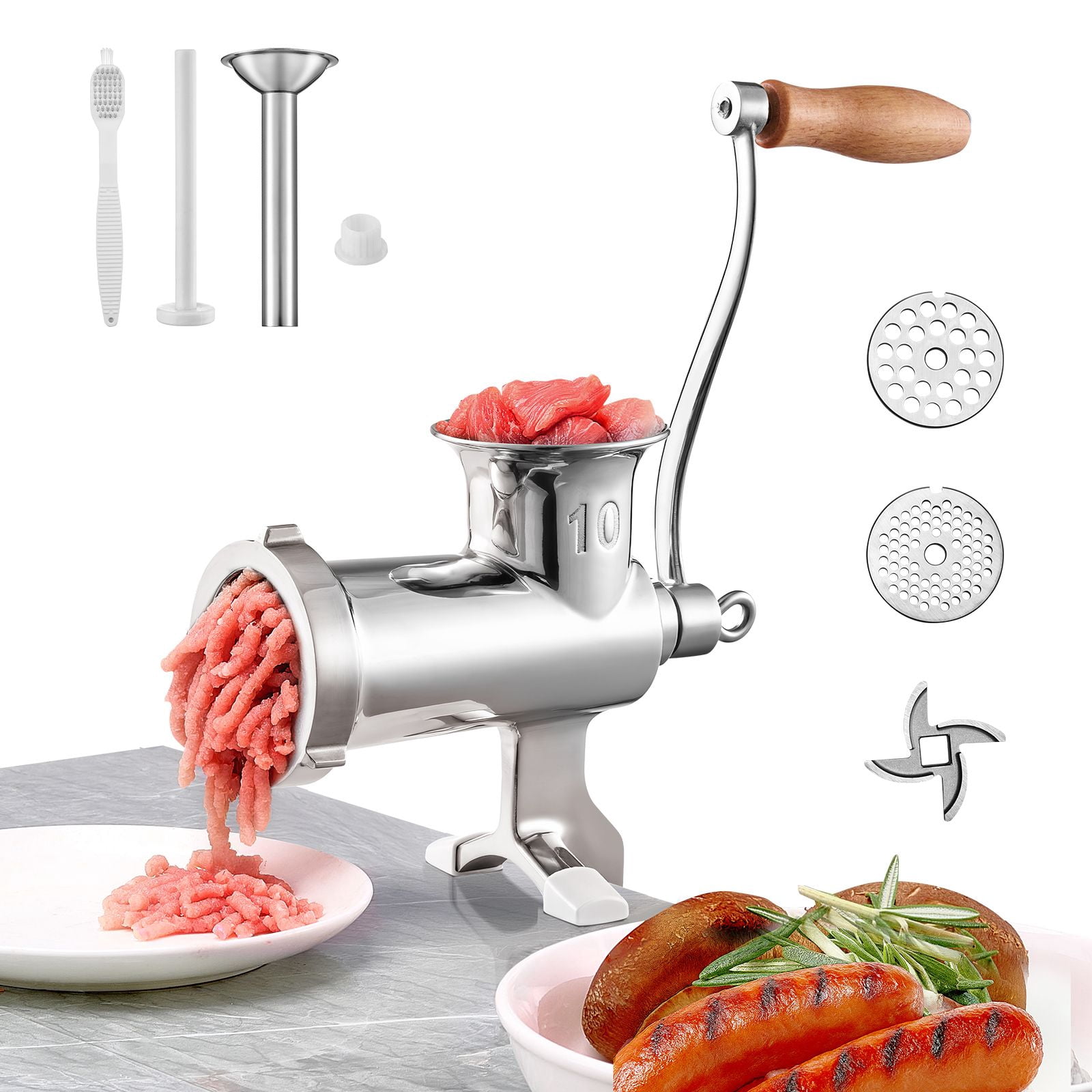 Manual Meat Grinder with Table Clamp, 304 Stainless Steel, 5mm/8mm Plates, Sausage Stuffer, for Home Kitchen Commercial Use