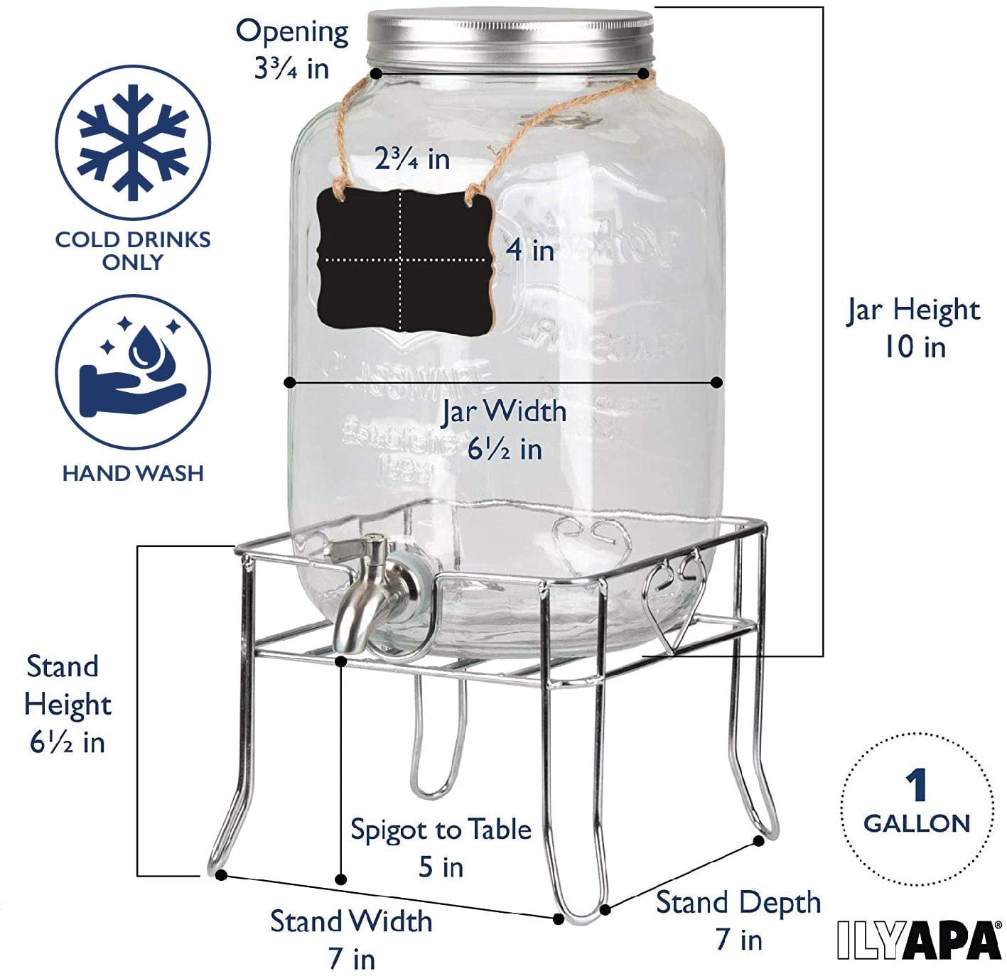 Outdoor Glass Beverage Dispenser with Stainless Steel Spigot, Ice Cylinder  & Hanging Chalkboard - 1 Gallon Drink Dispenser for Lemonade, Tea, Cold