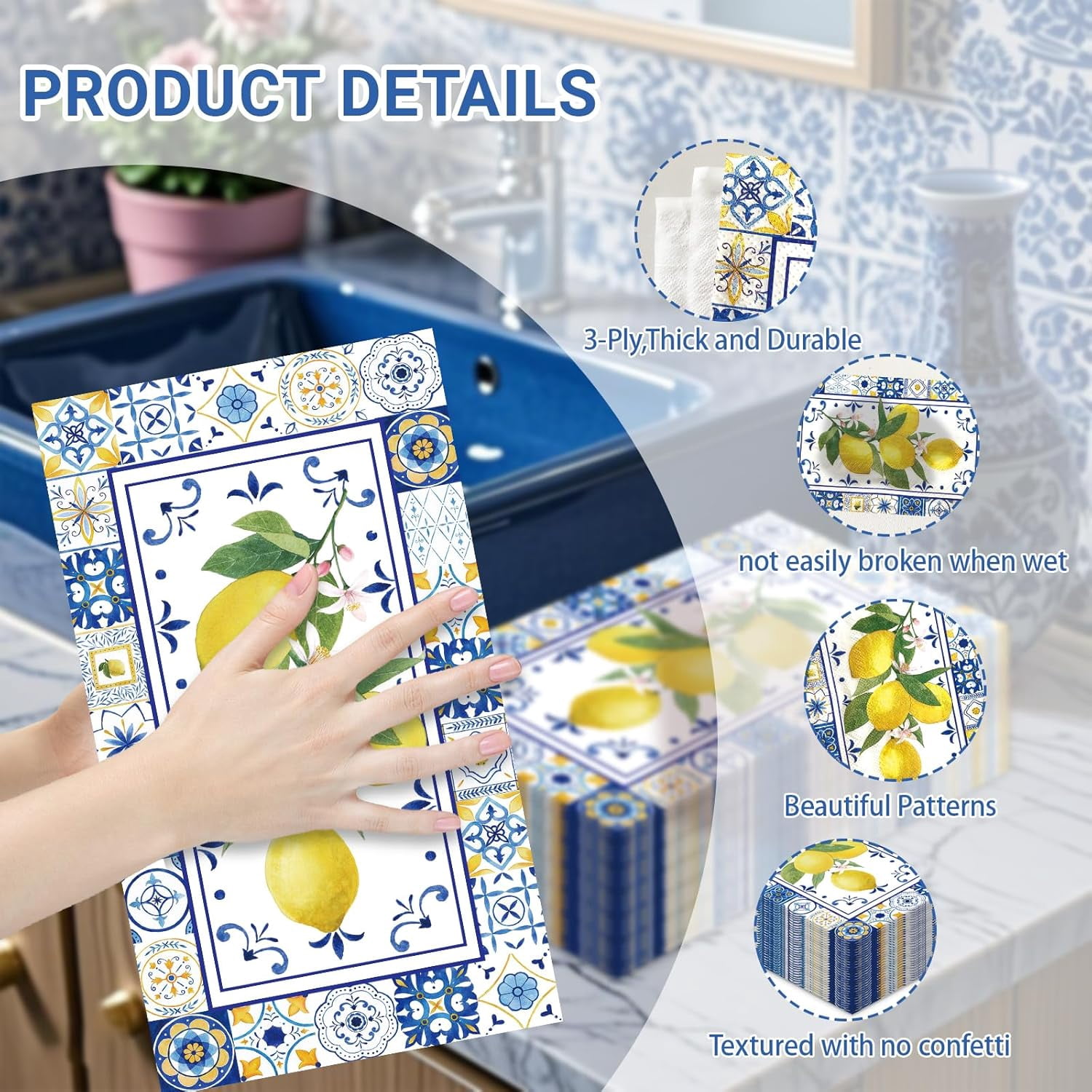 100 PCS Lemons Paper Napkins,Chinoiserie Lemon 3-Ply Decorative Paper Hand Towels Summer Yellow Lemon Napkins Home Party Guest Napkin Wedding Shower Party Decor Napkins