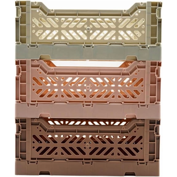 Collapsible Storage Box, Foldable Crate Organizer Bin with Handle, Stackable Crates for Home Organization (LightGray-MilkTea-WarmTaupe, 4L - 3-Pack)