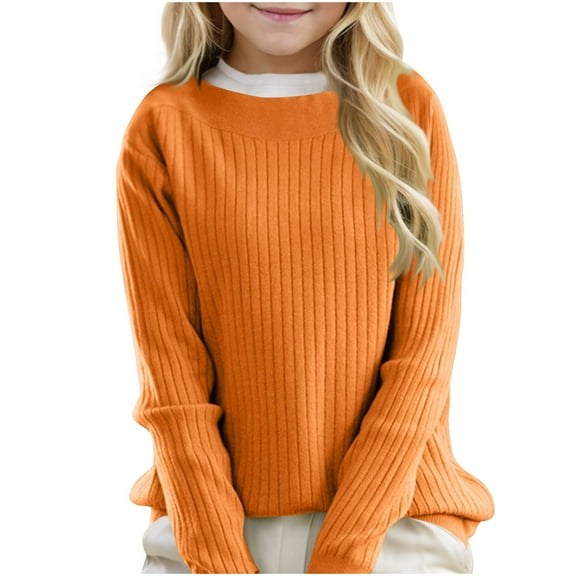 Ltctricy Girls Boys' Sweaters Unisex Children Soft Casual Long Sleeve Crew Neck Knit Pullover Sweater Tops Fall Winter Clothes(Orange,13-14 Years)