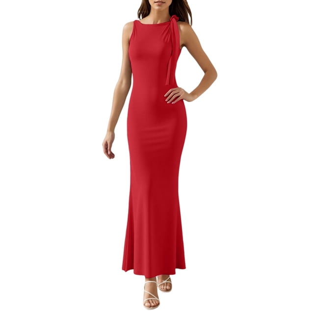 Vestido liso de un solo hombro para mujer - Vestido largo de poliéster, cuello redondo, cintura alta, adecuado para fiestas/vacaciones, S-L