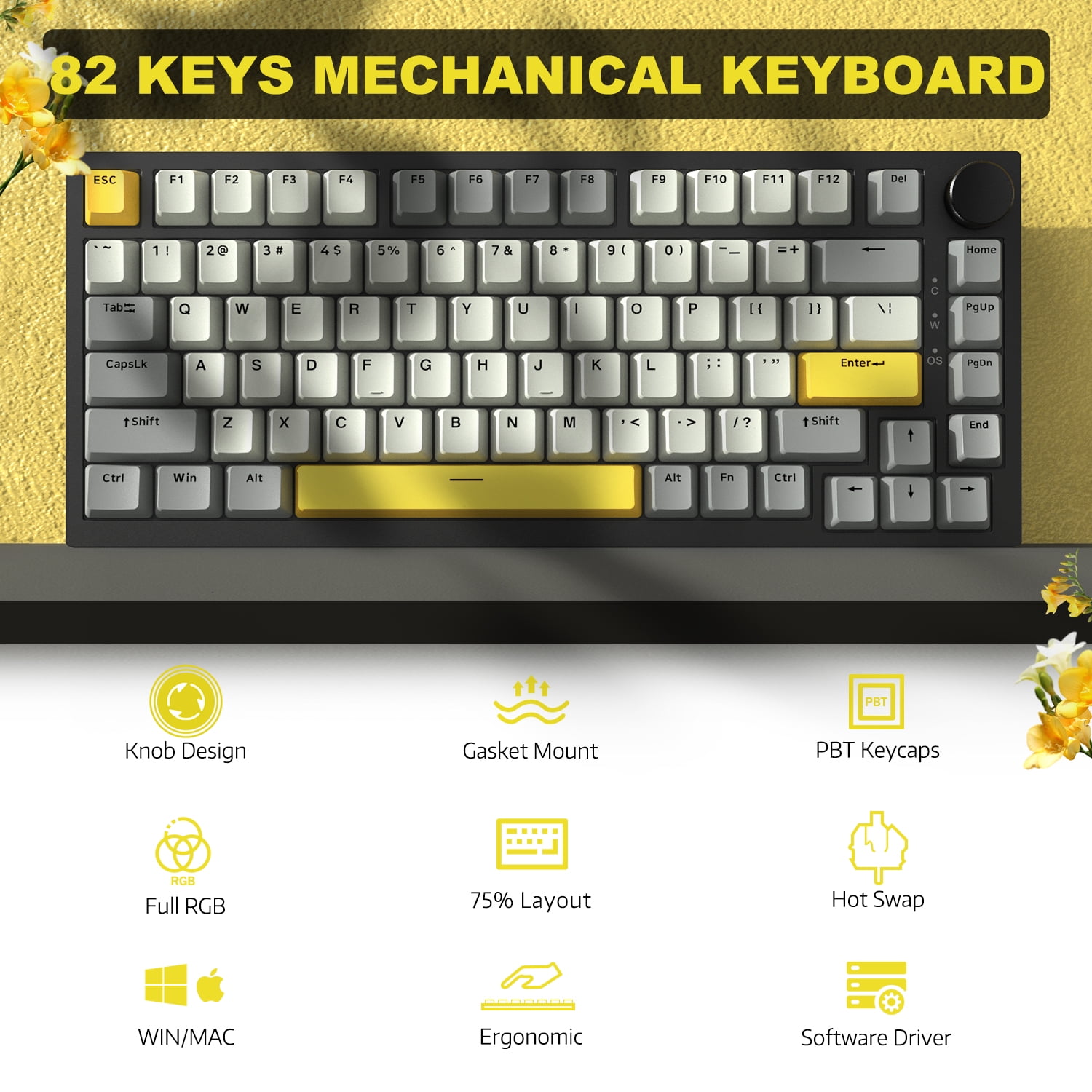 AK820 Mechanical Keyboard with CNC Knob Control,82Keys Gasket Mount Wired Gaming Keyboard,75% ANSI Layout,5 Sound Absorbing Foam,Hot-swappable,White Backlit,for PC,MAC (Grey)