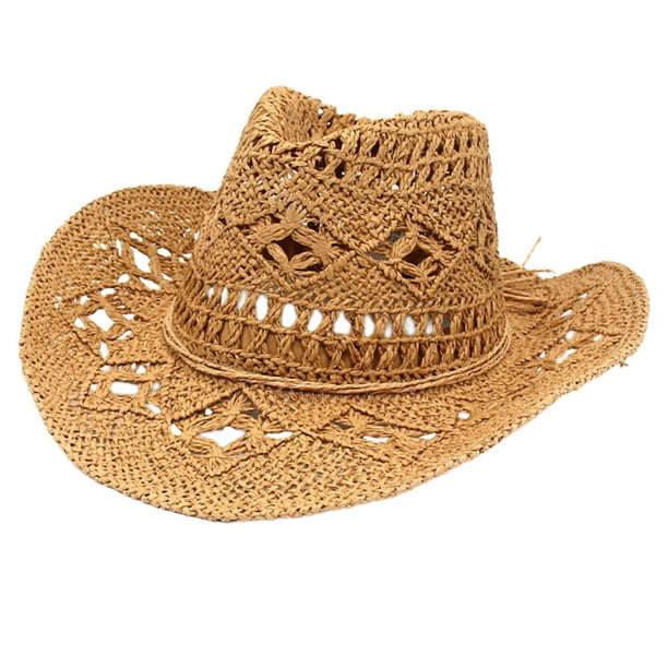 Fashion Hollowed Straw Western Cowboy Hat Unisex Hats Braided Wide Hat for  Vacation Travel Outdoor Khaki