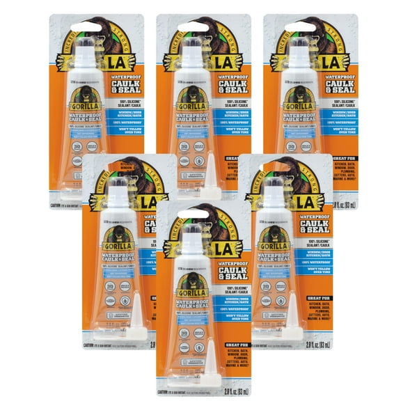 Gorilla Waterproof Caulk & Seal Silicone Sealant, 2.8oz Squeeze Tube Pack of 6 - White Caulking Sealant for Kitchen, Window, Bath, Marine, Door and More