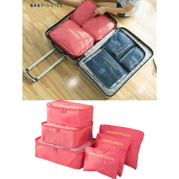 BadPiggies 6Pcs Waterproof Packing Cube Travel Organizer Clothes Storage Bags Luggage Organizer Pouch Set (Pink)