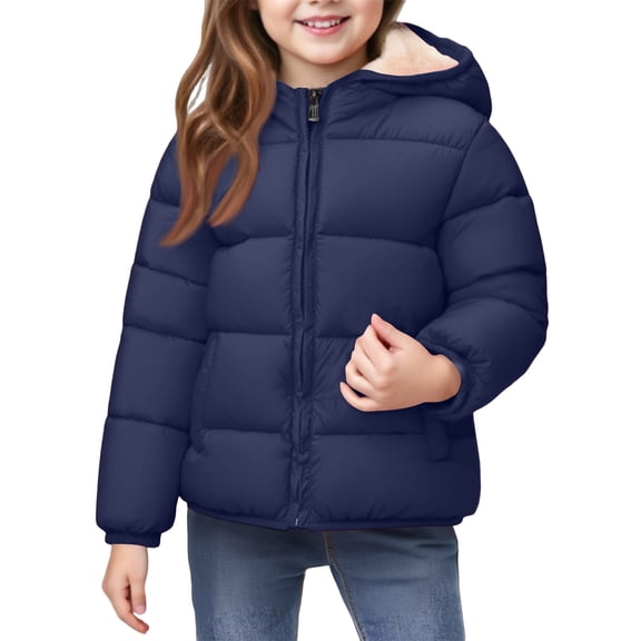 LNZGNM Girl's Winter Coats 4-5Y Puffer Cozy Lightweight Jackets Trendy Warm Puffy Outerwear Hooded Zip Up Long Sleeved Clothes for School, Navy, 4-5Y