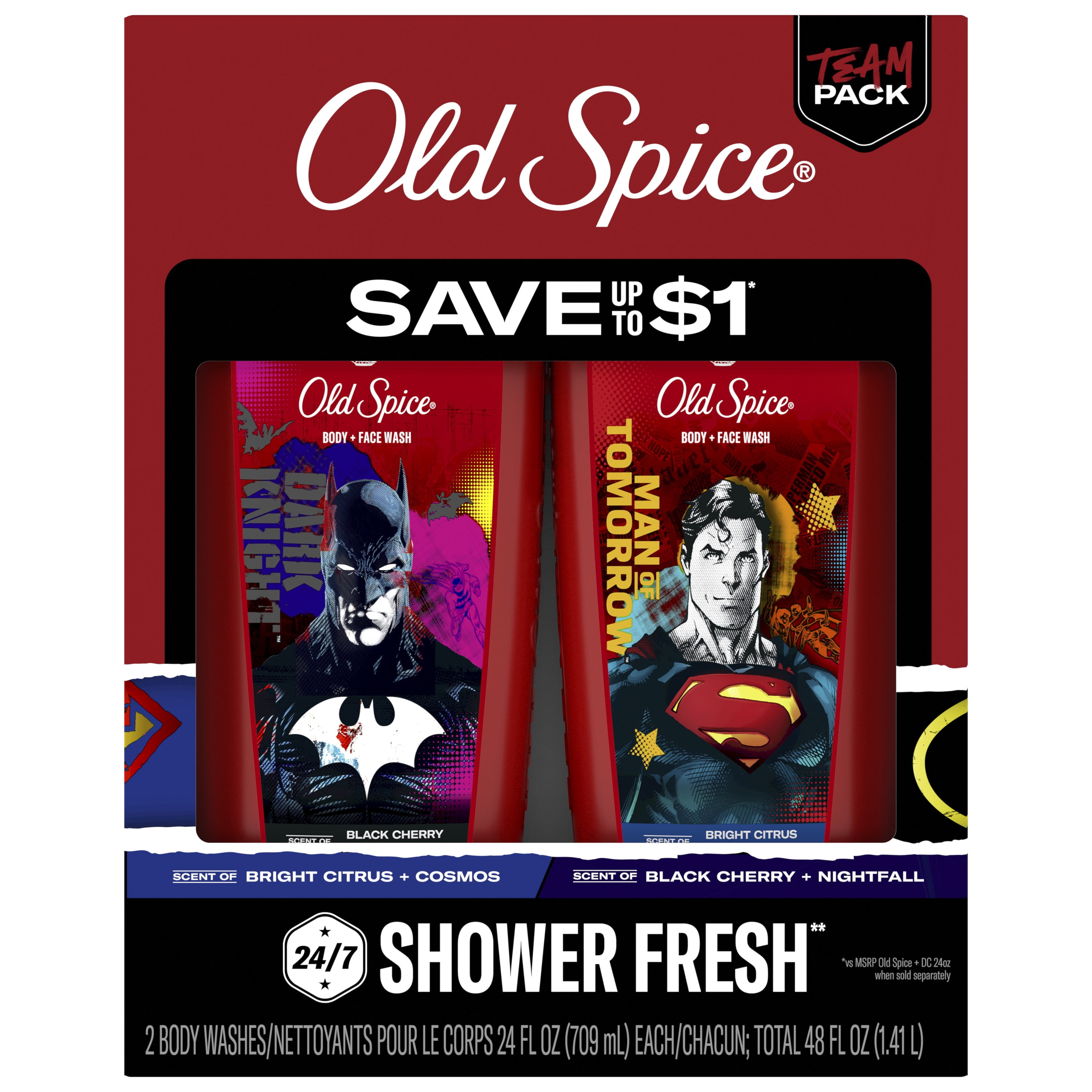 Old Spice Cleansing Body Wash for Men, 24/7 Shower Fresh with Lasting Scent, 2 in 1 Body and Face Wash, Rich Lather, Twin Pack, Superman and Batman, 2 x 24oz