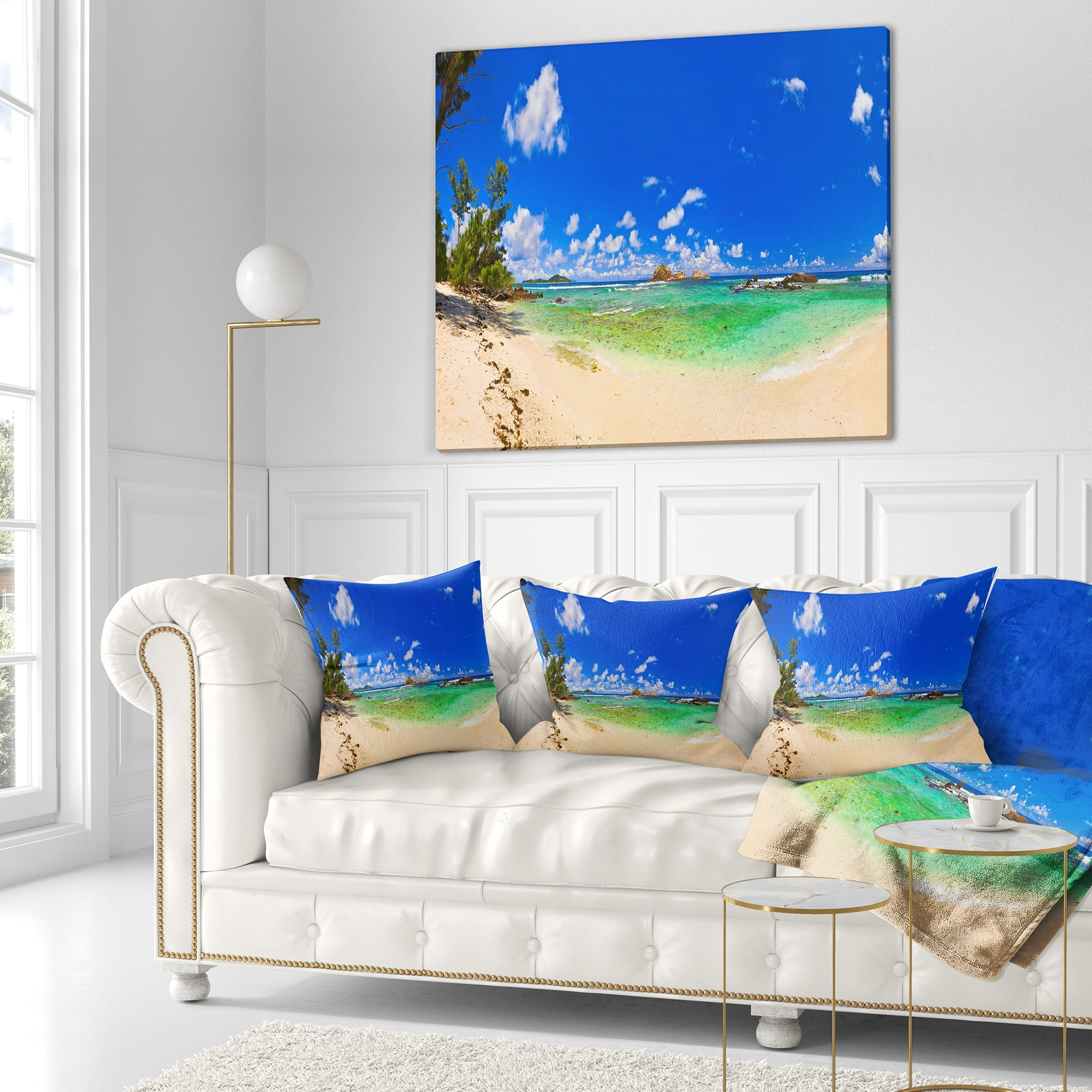 Designart Tropical Beach with Green Sea - Landscape Photography Throw Pillow - 18x18