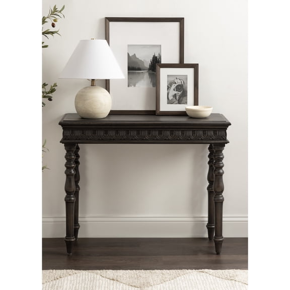 Kate and Laurel Patresa Traditional Carved Wood Console Table, 36 x 30 x 14, Dark Mocha, Decorative Rectangle Entryway Table with Wooden Carving Details and Turned Legs