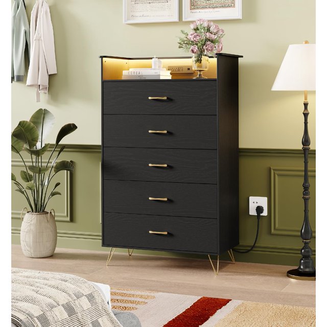 AKDSteel Commode Haute Moderne à 5 Tiroirs, Commode de Chambre Blanche Résistante à l'Eau avec Glissières à Fermeture Silencieuse pour Rangement de Garde-Robe et de Couloir