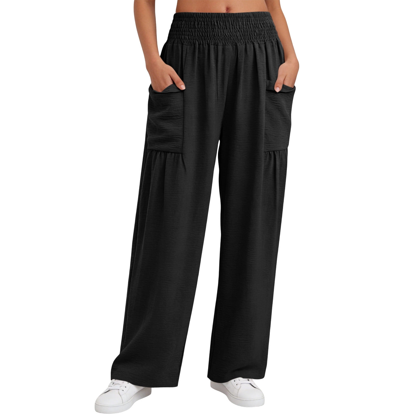 ZHYou No Boundarie Womens High Waisted Wide Leg Cargo Pants with Pockets Stretch Elastic Waist Loose Fit Casual Summer Pull On Pants Black Size XL
