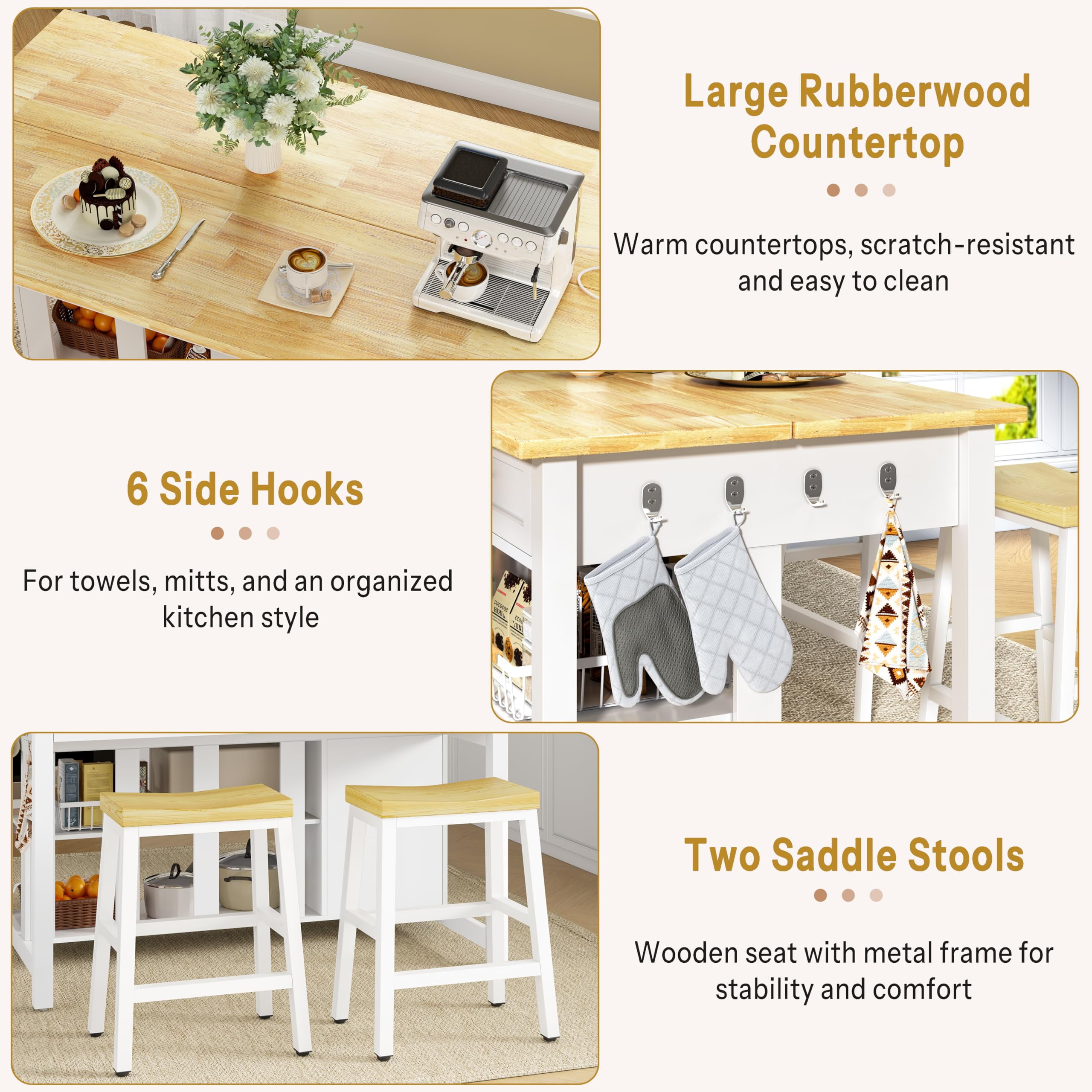 ChicZhiNest Kitchen Island with Seating Include 2 Stools, 47" Solid Rubberwood Dining Table with Power Outlet, 6 Hooks, Kitchen Bar Table Set with 2 Drawers & Open Shelves Storage Cabinet, White
