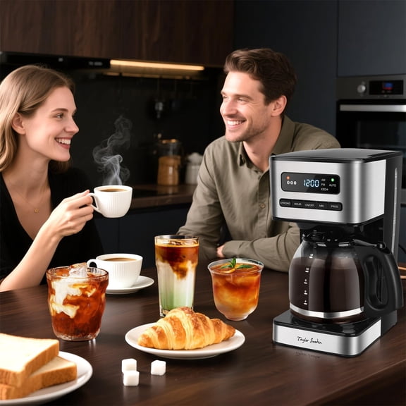 Programmable Coffee Makers 12 Cup, Hot and Iced Coffee Maker, 4 Brew Strength, LED Display, 24H Timer, Keep Warm & Auto Shutoff - Drip Coffee Machine for Home/Office, Black & Stainless Steel