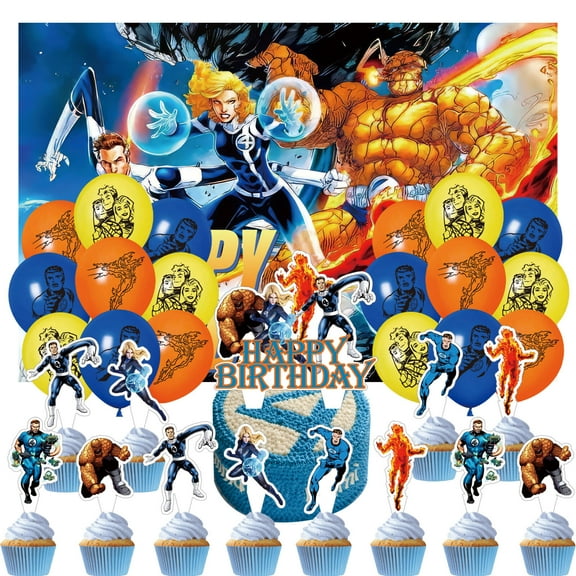 32 Pcs For Fantastic Four Cartoon-Themed Party Decorations and Favors Set – Backdrop, 13 Cupcake Toppers, and 18 Balloons for Celebration Birthday Parties