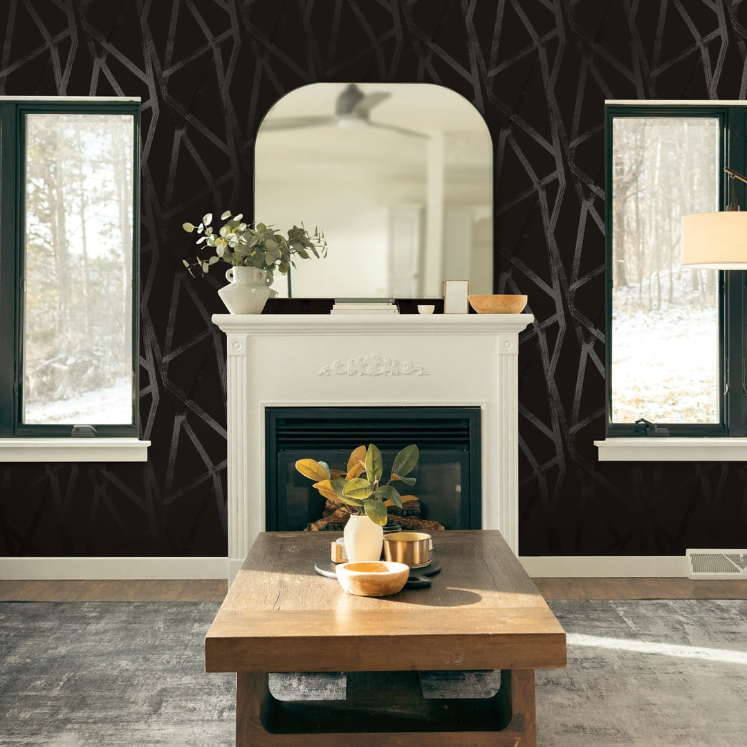 Tempaper x Genevieve Gorder Intersections Metallic Black on Black Peel and Stick Wallpaper, 20.5" x 16.5'