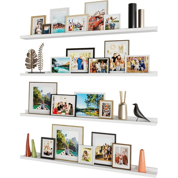 Wallniture Denver 46" White Floating Shelves for Wall Decor, Wall Bookshelves for Living Room, Photo Ledge for Bedroom, Floating Wall Bookshelf, Wood Picture Ledge Shelf Set of 4