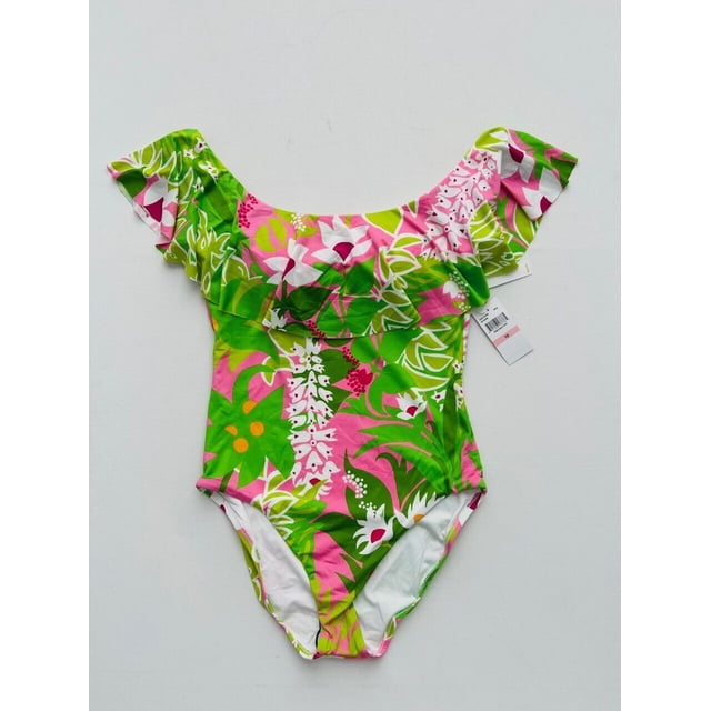 Trina Turk La Palma Ruffle Off-The-Shoulder Swimsuit Green Floral ( 10 )
