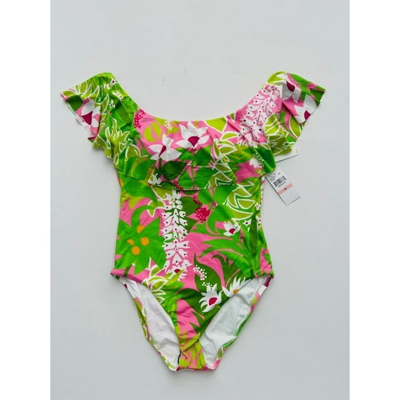 Trina Turk La Palma Ruffle Off-The-Shoulder Swimsuit Green Floral ( 10 )