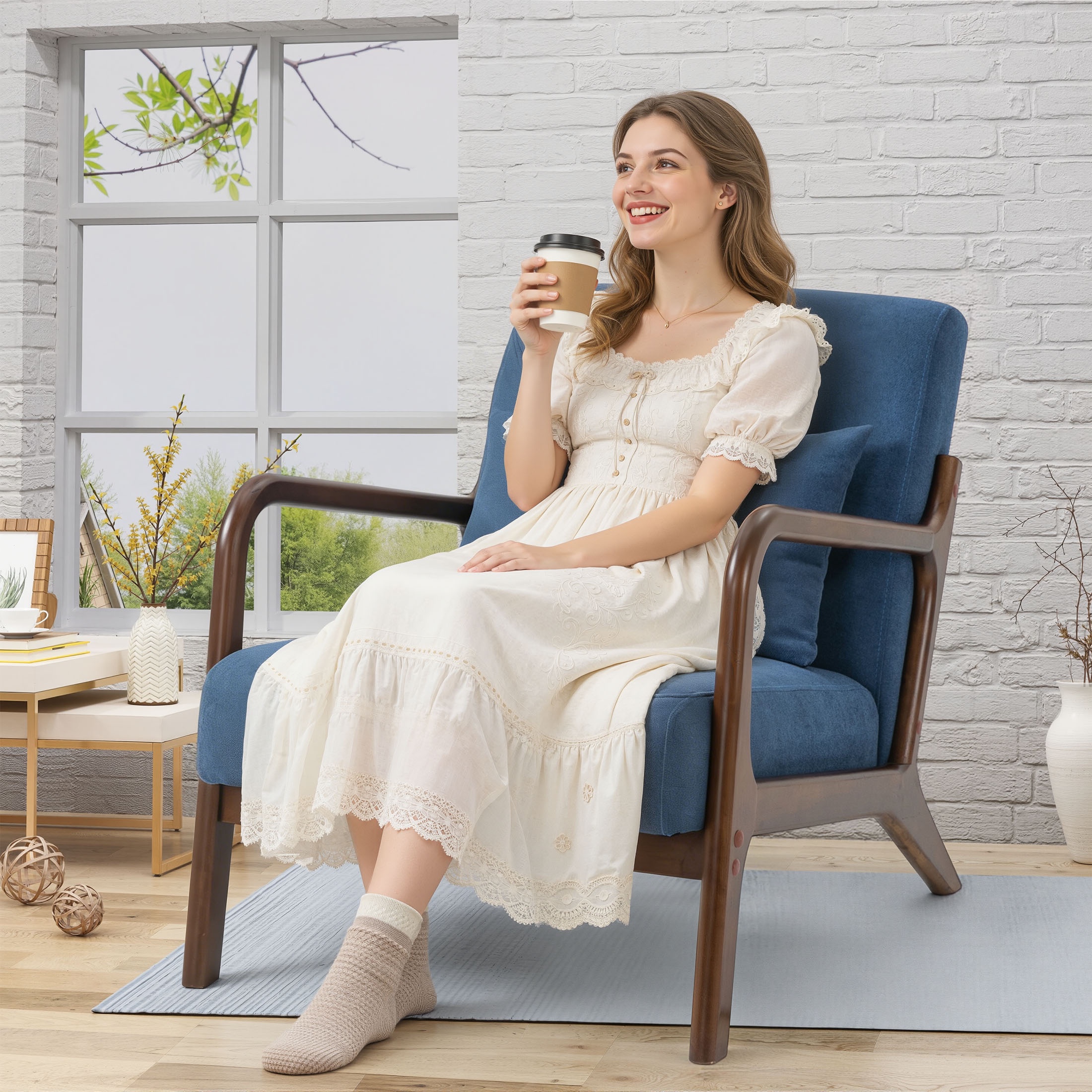 PAPROOS Mid-Century Modern Accent Chair, Velvet Fabric Arm Chair with Wood Frame and Pillow, Upholstered Armchair Comfort Reading Chair Lounge Chair for Living Room Bedroom Sunroom, Navy