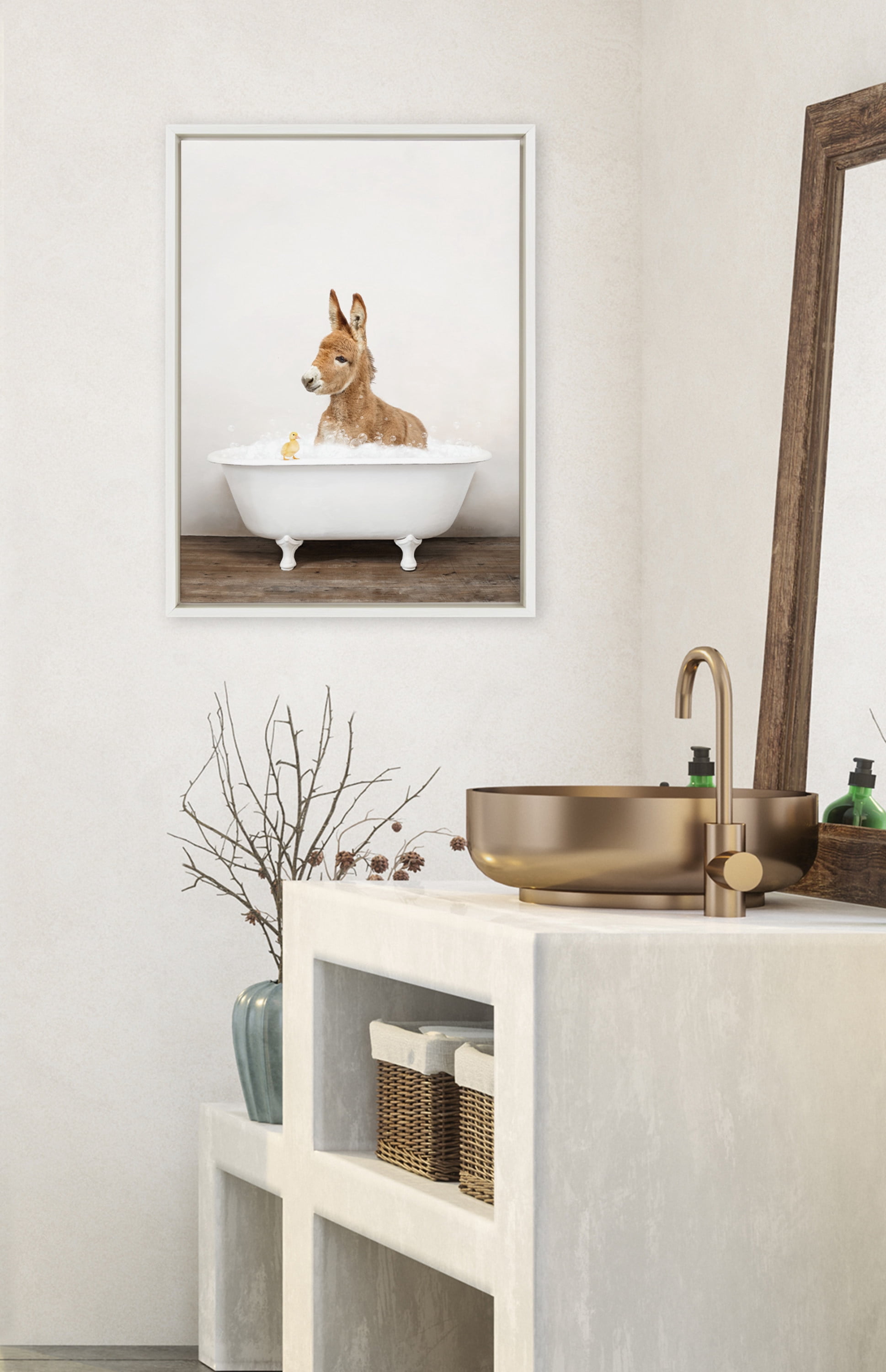 Kate and Laurel Sylvie Baby Donkey in Rustic Bath Framed Canvas Wall Art by Amy Peterson Art Studio, 18x24 White, Modern Fun Decorative Bathtub Wall Art for Home Décor
