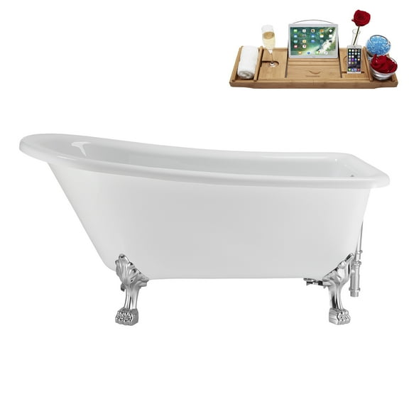 58" Streamline N4860CH-CH Soaking Clawfoot Tub and Tray With External Drain in Polished Chrome and Polished Chrome Clawfeet