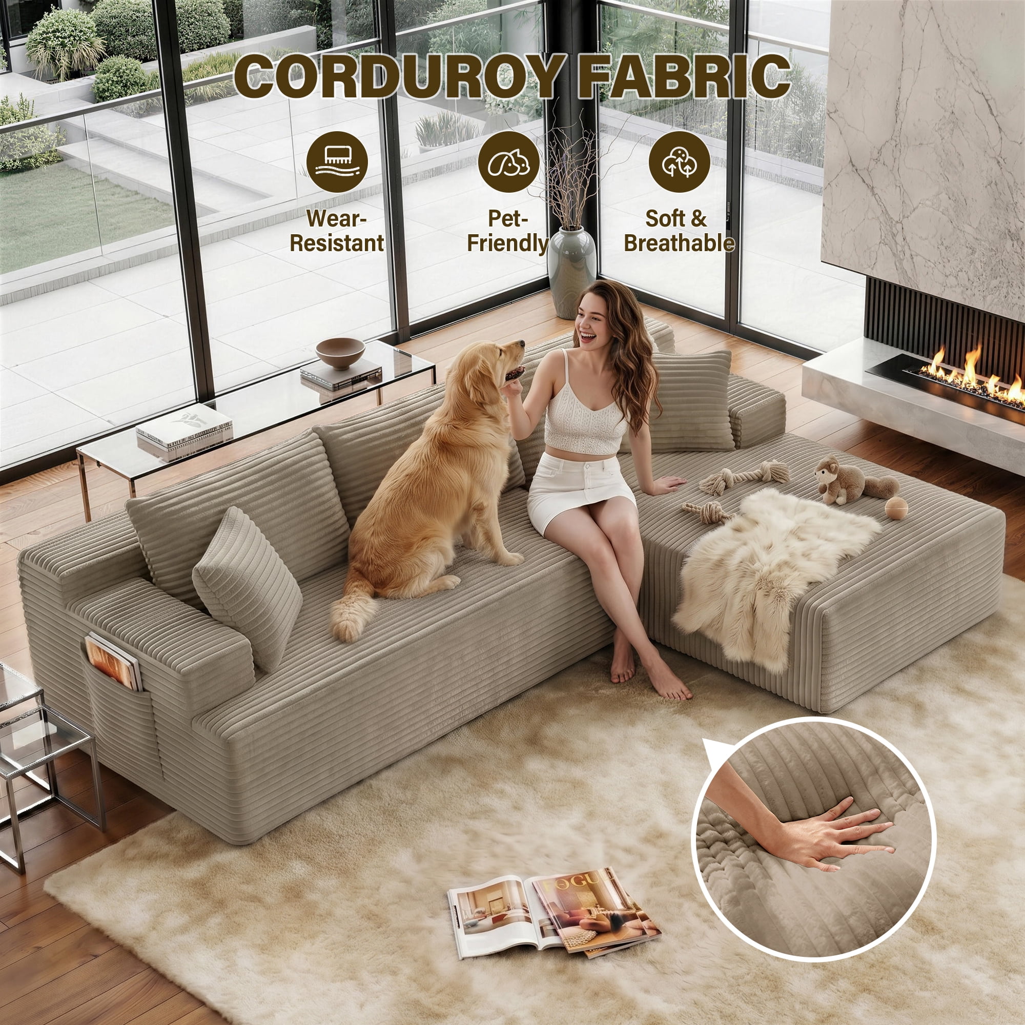 Aukfa 96" Cloud Sectional Couch, Modular L Shaped Boneless Sofa with Right Facing Chaise&2 Storage Pockets, Camel
