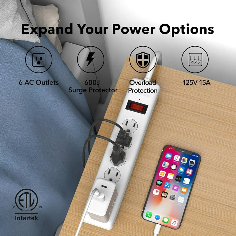 Surge Protector, 6 AC Outlets, 4 ft Cord, 600 J, White Surge Protector, 6 AC Outlets, 4 ft Cord, 600 J, White